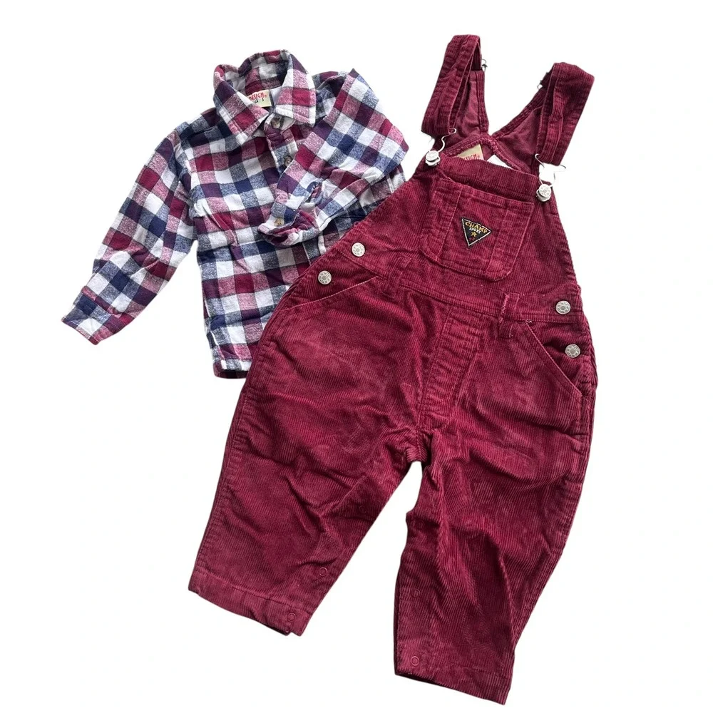 In Design Kids Vintage Sz 18 Months Burgundy Corduroy Overalls Flannel Shirt Set